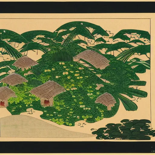 Prompt: 3d isometric botanical illustration of a small settlement in the tropical forest on the mountainside, diego rivera in Ukiyo-e style, HD