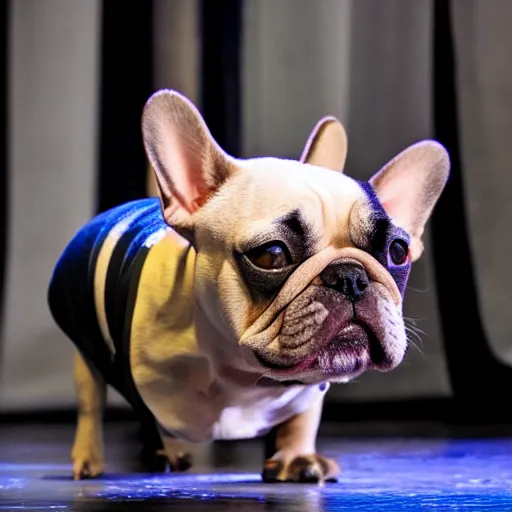 Image similar to professional stage photography of a french bulldog in an opera gown