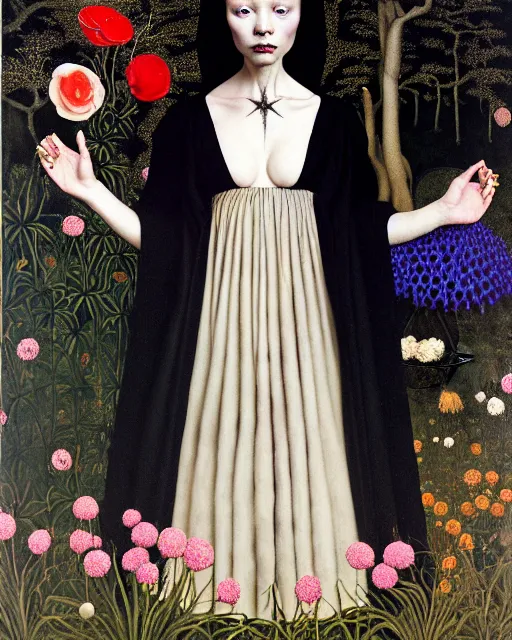 Prompt: symmetrical portrait of a woman with blue frizzy hair, wearing a black dress by alexander mcqueen and metallic platform shoes, standing in a botanical garden, cream white background, bjork aesthetic, masterpiece, in the style of rogier van der weyden and jacopo da pontormo, by mark ryden, punk, asian art