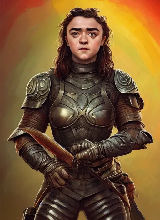 Image similar to Maisie Williams as a ruggedly muscled handsome heroine, rainbow background, intricate, elegant, highly detailed, centered, digital painting, artstation, concept art, smooth, sharp focus, illustration, artgerm, donato giancola, Joseph Christian Leyendecker, WLOP, Artgerm, thunder storm