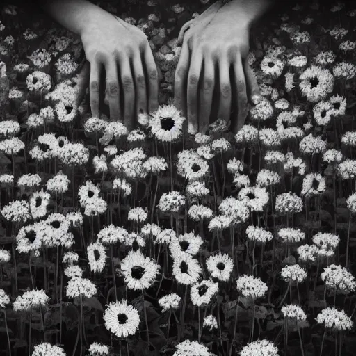 Prompt: a thousand of hands touching flowers, by benjamin bjorklund. Dark and atmospheric