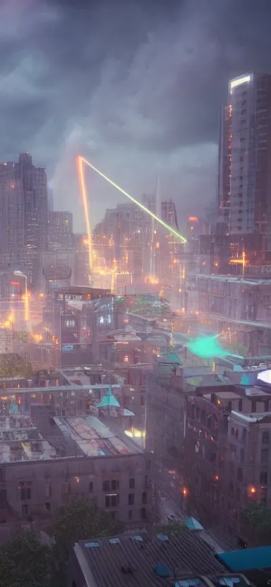 Prompt: unreal engine 5 render of a happy city during the day with lasers coming out of the clouds, digital art ”