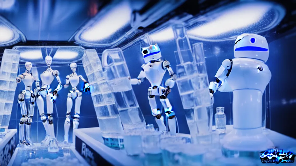 Prompt: robots drinking alcohol, inside a ice bar, chrome reflections, hyper-realistic, extreme detail, sharp photo, beautiful, cinematic 4K, by Sorayama