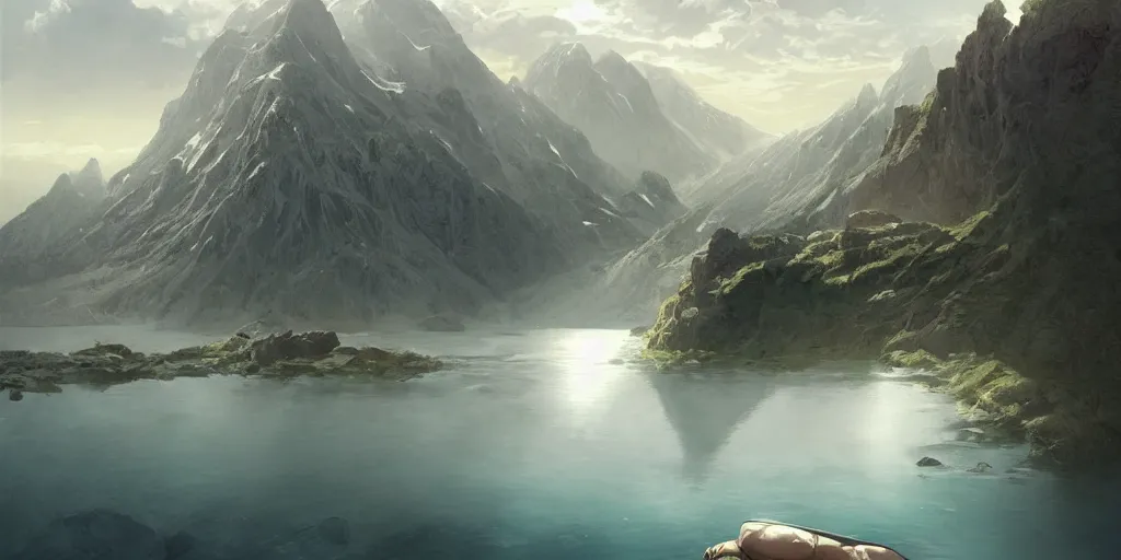 Prompt: fantasy world, in the middle is a huge lake with a little plain around it, behind it are mountains and rivers, art by artgerm and greg rutkowski, ilya kuvshinov, yoji shinkawa, intricate, elegant, sharp focus, illustration, highly detailed, concept art, matte, trending on artstation, anime, beautiful sunlight and shadows
