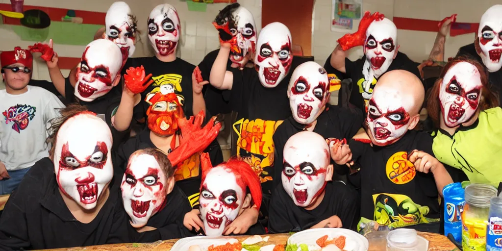 Image similar to cyclops Juggalo coneheads school food fight, detailed facial expressions