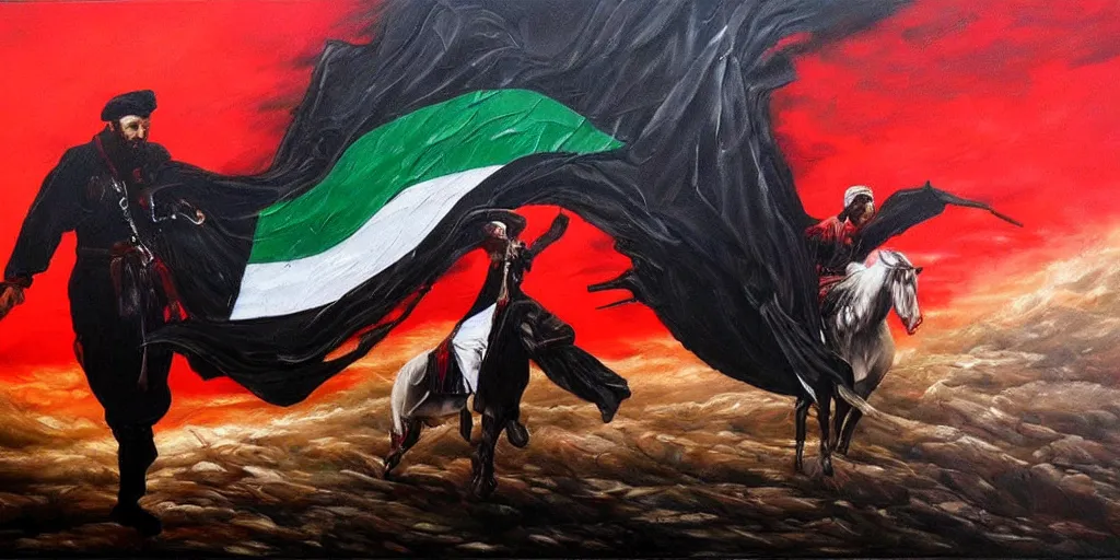 Image similar to dramatic epic dark oil painting of freedom for palestine, red green white black