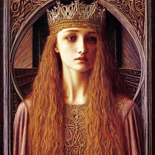 Image similar to detailed realistic half body portrait of a beautiful young medieval queen by jean delville, art nouveau, symbolist, visionary, gothic