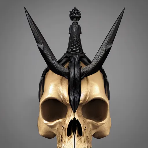 Image similar to a black sword skull crest, sharp tip, ornament, weapon, a 3 d render by dom qwek, studio lighting, front side view sheet, trending on polycount, artstation, hard surface modeling, rendered in maya, 3 ds max, blender, artstation hd, vray