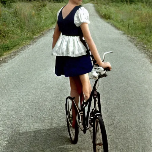 Prompt: a shy young woman is seen riding her bicycle while posing for a photograph in the 1 9 9 0 s on a rural road. she's dressed in a vintage alpine dirndl, a wool cardigan, brogue - style shoes, and bobby socks.