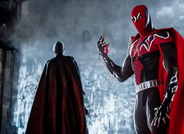 Image similar to film still of michael b jordan as spawn in the new spawn movie, giant chains, large cape, 8 k