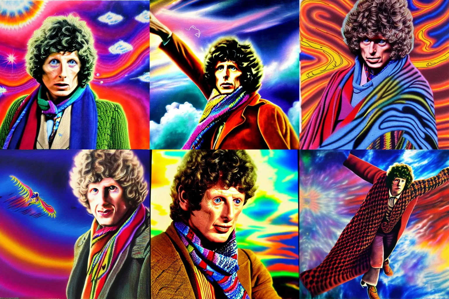 Prompt: tom baker using his scarf to fly, psychedelic, clouds, 4 k, intricate high details, sharp, 1 9 7 7, photo realistic