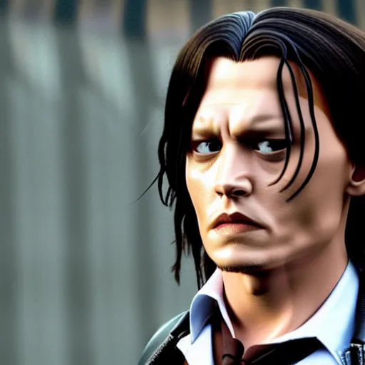 Image similar to Film Still of a Young Adult Johnny Depp playing Adult Tom Riddle in Harry Potter, Film Still, realistic, hyperrealistic, very realistic, very very realistic, highly detailed, very detailed, extremely detailed, detailed, detailed face, very detailed face, very detailed face, realism, HD Quality, 8k resolution, intricate details, body and head in frame, Real Life