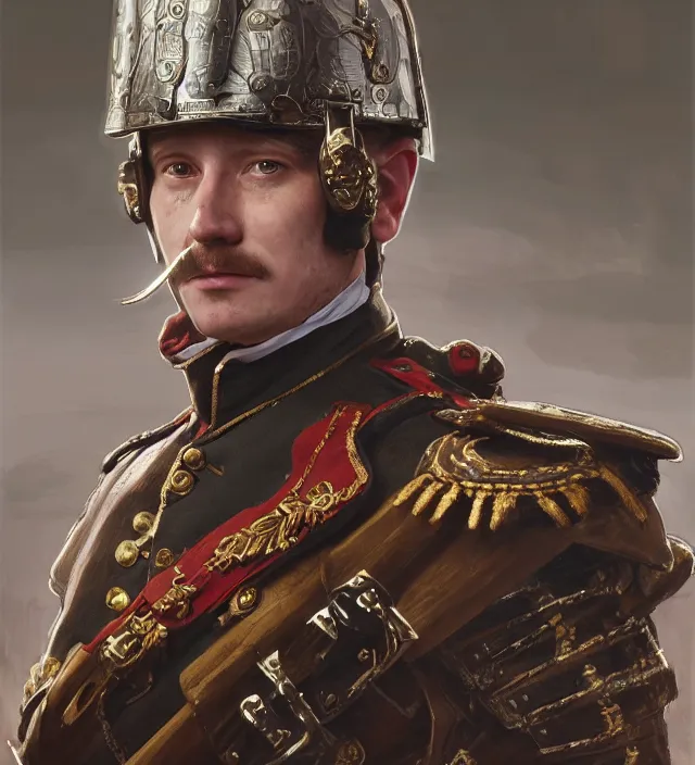 Image similar to portrait of an scottish man wearing a traditional nineteenth century scottish empire military uniform, metal shoulder pauldrons, intricate, highly detailed, digital painting, artstation, concept art, sharp focus, cinematic lighting, illustration, art by artgerm and greg rutkowski, alphonse mucha, cgsociety