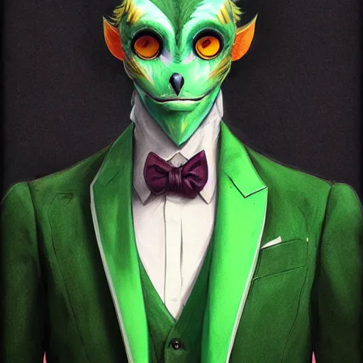 Image similar to a half human half owl creature wearing a green tuxedo suitCharacter design by charlie bowater, ross tran, artgerm, and makoto shinkai, detailed, inked, western comic book art, 2021 award winning painting,digital art,ultra realistic,ultra detailed,art by greg rutkowski,hyperdetailed,photorealistic