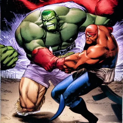 Image similar to x - men juggernaut fighting hulk, action scene