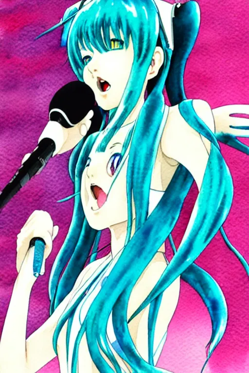 Image similar to a high detail watercolor of miku hatsune singing by Yukito Kishiro and katsuhiro otomo