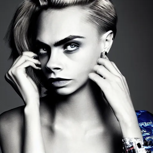 Image similar to photo of a gorgeous 20-year-old Cara Delevingne with 2050s hairstyle by Mario Testino, detailed, head shot, award winning, Sony a7R -
