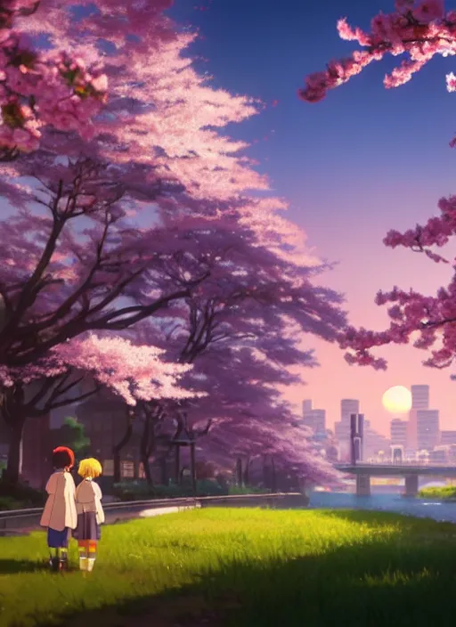 Image similar to a wholesome animation key shot, tokyo city in the background, cherry blossoms in the foreground, studio ghibli, pixar and disney animation, sharp, rendered in unreal engine 5, anime key art by greg rutkowski, bloom, dramatic lighting