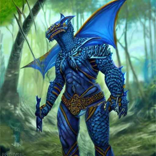 Image similar to A dragonborn with blue scales in a rainforest, trending on artstation, digital art