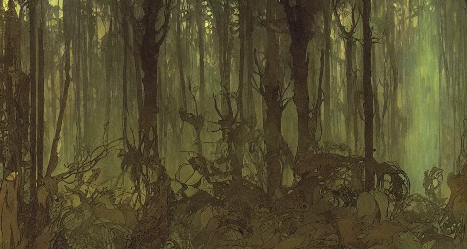 Image similar to A dense and dark enchanted forest with a swamp, by Alfons Maria Mucha