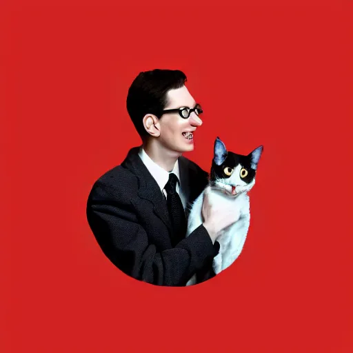 Image similar to an album of neil cicierega holding a cat, in a red color style, in a railroad background