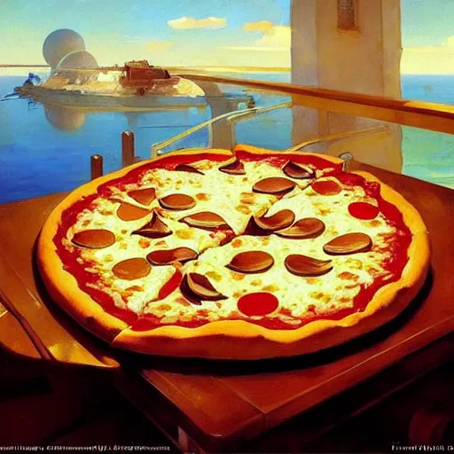 Prompt: a Delicious pizza, by studio ghibli painting, by Joaquin Sorolla rhads Leyendecker, Anaesthetically pleasing, dynamic energetic, lively