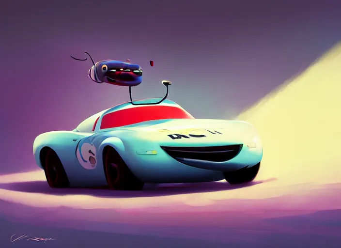 Image similar to pixar cartoon of a sport car. style by petros afshar, christopher balaskas, goro fujita, and rolf armstrong.