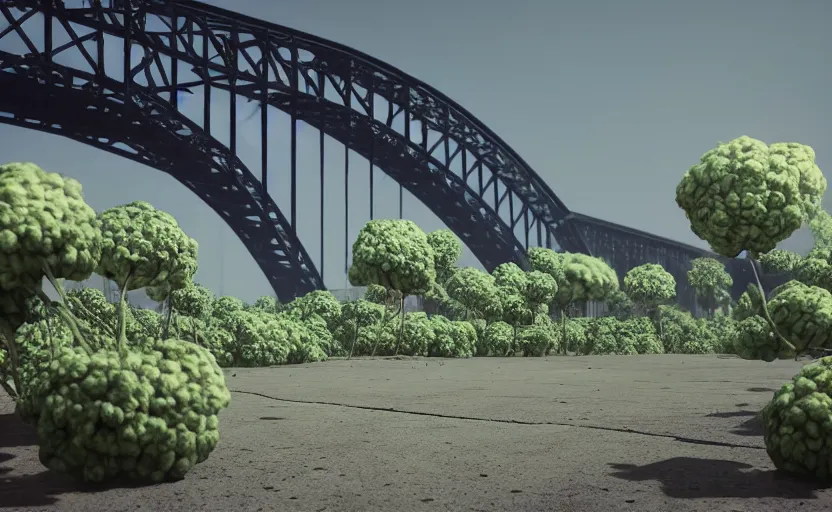 Image similar to explosions in the form of realistic cotton plants cover harbour bridge, huge cotton plants everywhere, smooth, sharp focus, highly detailed, 3 d octane render, epic lighting, dark atmosphere, lots of cotton plants, 8 k, by goro fujita