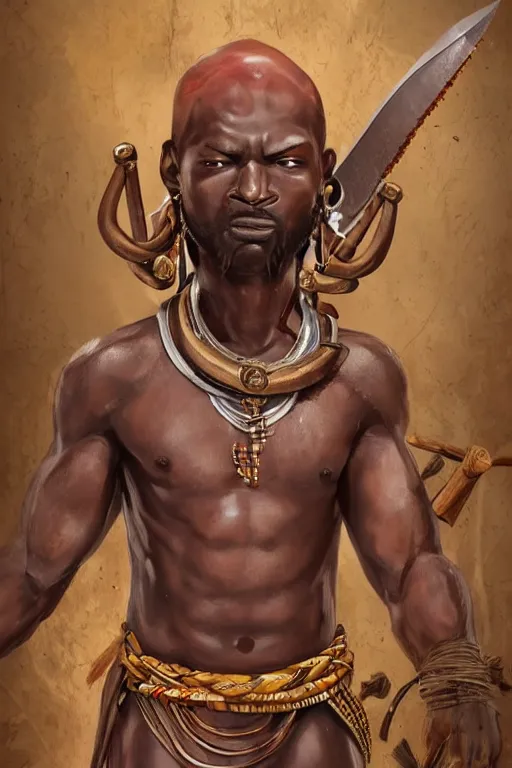 Image similar to Ogun holding his knives poised for battle, an ancient orisha the African Warrior God of Craftsmen and Hunters, bronze-brown skin with masculine features - strong jaw line, bald head and menacing look, tribal markings with golden and jeweled adornments, medium shot digital illustration trending on artstation by artgerm and raphaelite, face by wlop, detailed and concise