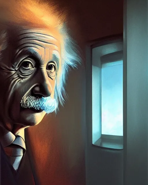 Prompt: Einstein in a elevator painted by István Sándorfi volumetric lighting, back lighting, rimlight, dramatic lighting, digital painting, highly detailed, artstation, sharp focus, illustration, Artgerm, Jean-Léon Gérôme , ruan jia