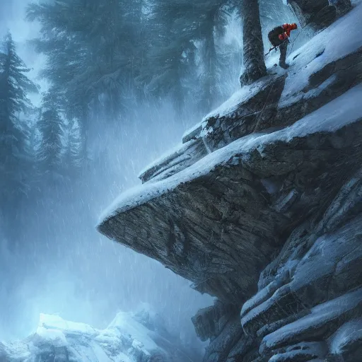 Prompt: climber, extreme cold, storm, octane rendering, volumetric lightning, hyperrealism, no blur, 4 k resolution, ultra detailed, style of ivan shishkin, tyler edlin, anato finnstark, edward robert hughes