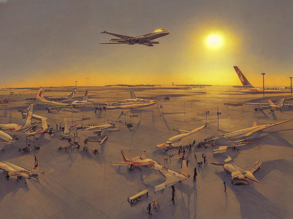 Prompt: sun setting in a airport lounge. tall, spacious, child watching landed airplane on the runway. painting by moebius