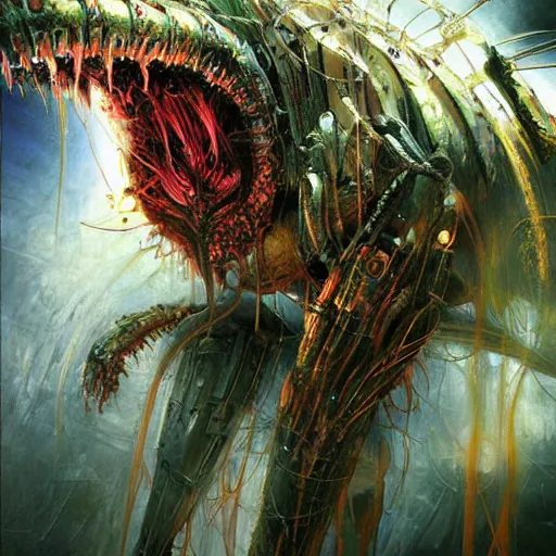 Image similar to a simple concept art portrait of a predatory robotic species. an award winning yoshitaka amano digital art poster color painting. a masterpiece by james gurney. poster colour on canvas.