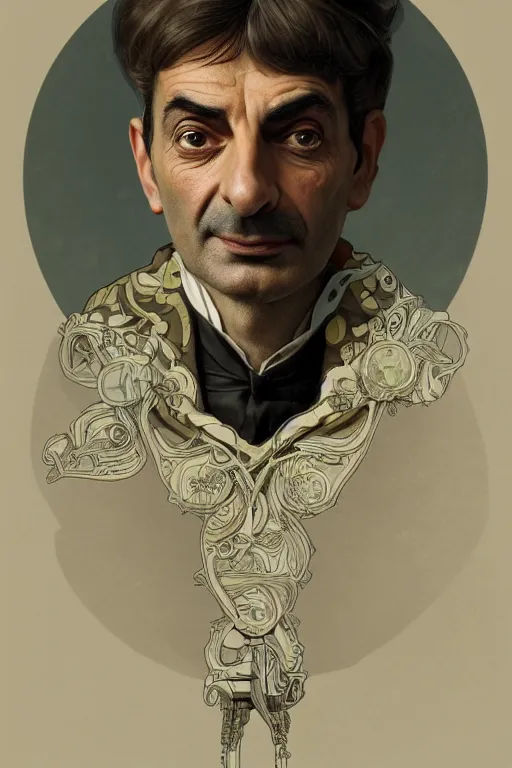 Image similar to portrait of Mister Bean. intricate, elegant. highly detailed, digital painting, artstation, concept art, smooth, sharp, focus, illustration. art by alphonse mucha