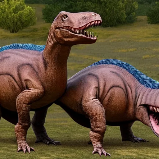 Prompt: two dinosaurs hugging