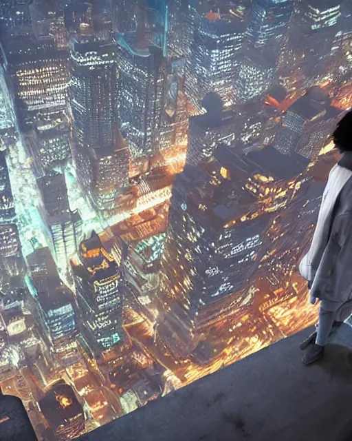 Prompt: a night rooftop scene, light from traffic in the city below, close up shot of a gangster wearing a streetwear trench coat looking at the city below, hyper realism, realistic shading, cinematic composition, realistic render, octane render, detailed textures, photorealistic, in the style of Liam Wong and Makoto Shinkai