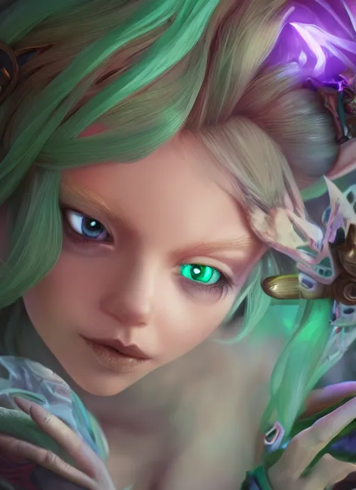 Image similar to lulu short fairy with green eyes, from league of legends, au naturel, hyper detailed, digital art, trending in artstation, cinematic lighting, studio quality, smooth render, fluorescent skin, unreal engine 5 rendered, octane rendered, art style by klimt and nixeu and ian sprigger and wlop and krenz cushart