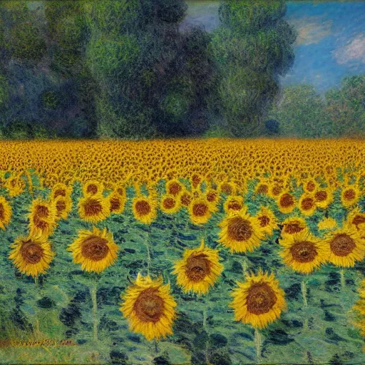 Image similar to field of sunflowers, claude monet, octane render,