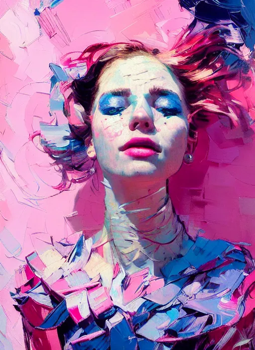 Image similar to portrait of a beautiful girl, smiling, ecstatic, dancing, eyes closed, open mouth, shades of pink and blue, beautiful face, rule of thirds, intricate outfit, spotlight, by greg rutkowski, by jeremy mann, by francoise nielly, by van gogh, digital painting