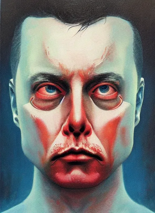 Image similar to A painting in a style of Beksinski featuring Elon Musk. Very detailed, symmetry