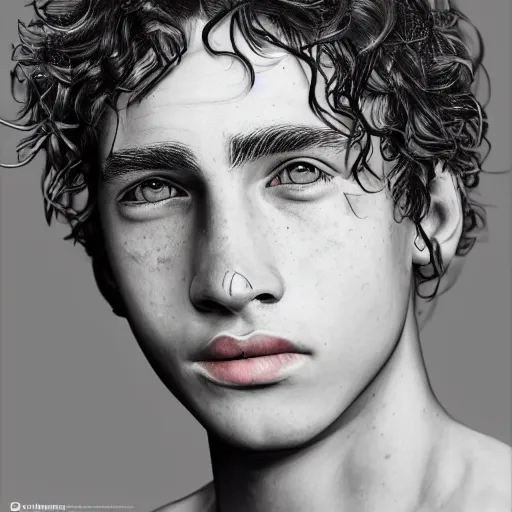 Prompt: portrait of a 15 year old boy with curly hair, freckles and jawline, photorealistic, 4k, 8k, trending on Art Station