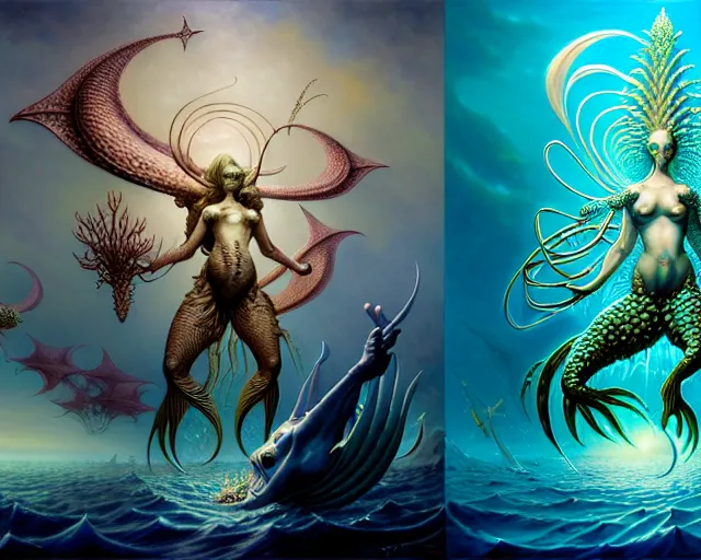 Image similar to the army of merfolk and sea monsters, ocean, fantasy character portrait made of fractals facing each other, ultra realistic, wide angle, intricate details, the fifth element artifacts, highly detailed by peter mohrbacher, hajime sorayama, wayne barlowe, boris vallejo, aaron horkey, gaston bussiere, craig mullins