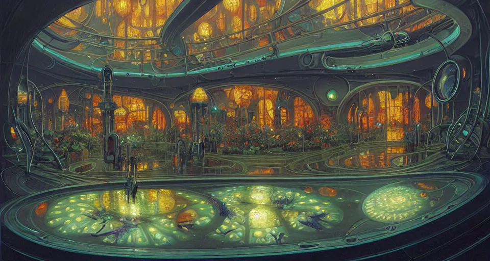 Image similar to fish eye lens a bright minimalist bioluminescent oil painting by donato giancola, warm coloured, cinematic scifi luxurious futuristic foggy steam filled victorian garden mall interior with microscopy radial windows flowers growing out of pretty bulbous ceramic fountains, gigantic pillars and flowers, maschinen krieger, beeple, star trek, star wars, ilm, atmospheric perspective