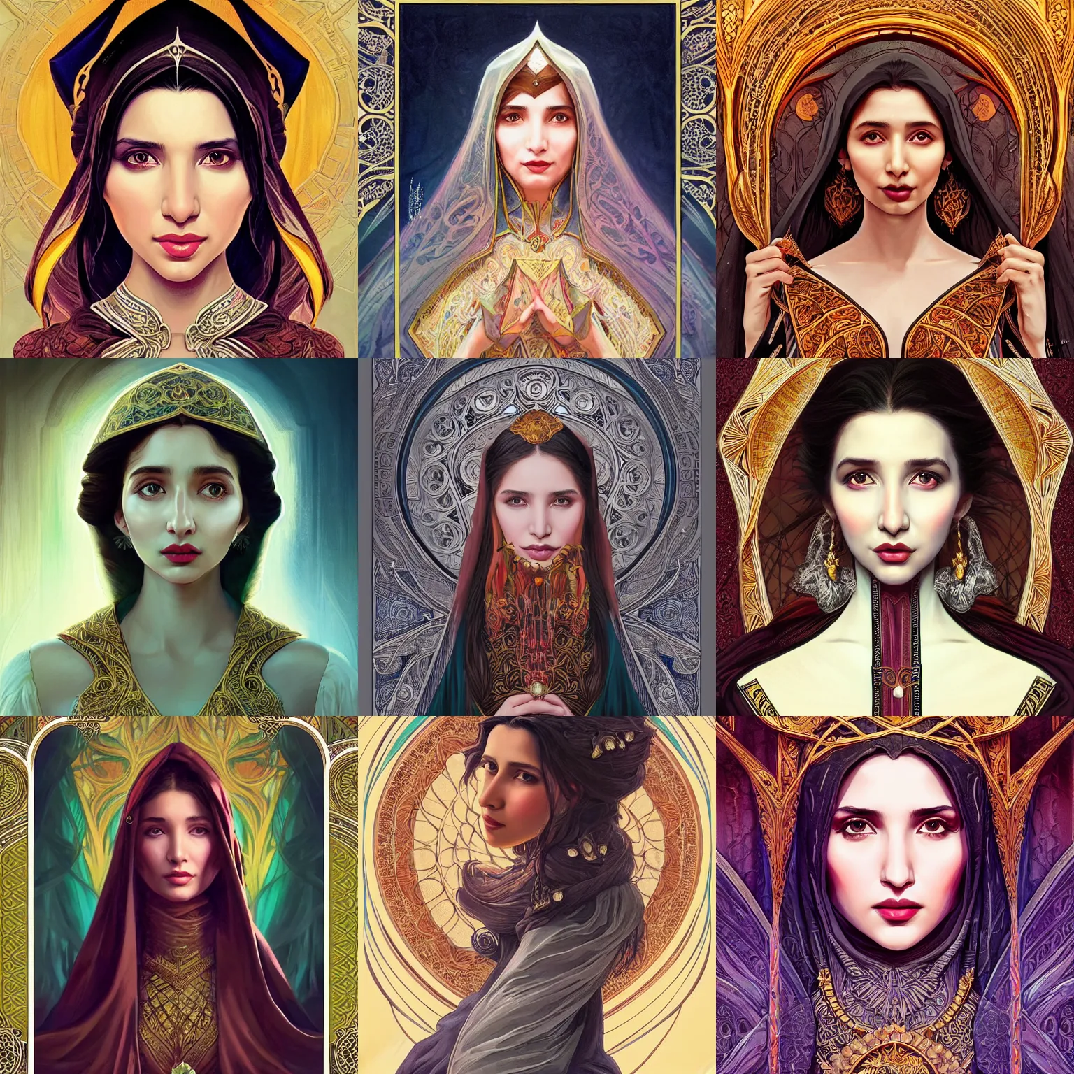 Prompt: head-on symmetrical centered painted portrait, Mahira Khan as a D&D wizard, art nouveau, medieval robes, fantasy, intricate, elegant, highly detailed, smooth, sharp focus, illustration, artstation, in the style of Artgerm and Anna Podedworna and Alex Ross and Mucha