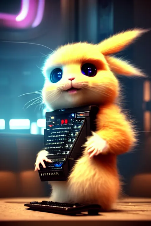 Image similar to high quality 3 d render very cute fluffy cyborg!! rat plays keyboard, cyberpunk highly detailed, unreal engine cinematic smooth, in the style of blade runner & detective pikachu, hannah yata charlie immer, moody light, low angle, uhd 8 k, sharp focus