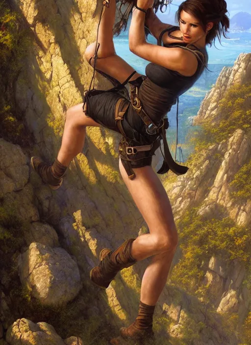 Image similar to Lara Croft climbing a rock, golden hour, Lilia Alvarado, Sophie Anderson, Mark Arian, Bob Byerley, Charlie Bowater, Mark Brooks, Steve Henderson, Justin Gerard, Arthur Hughes, Edward Robert Hughes, Mark Keathley, Victor Nizovtsev, Carlos Shwabe, Ross Tran, WLOP