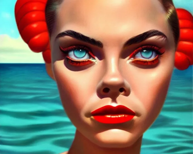 Image similar to closeup profile portrait of a 1 9 5 0 s cara delevigne wearing a bikini, mark ryden, lostfish, max fleischer, hyper realistic, artstation, illustration, digital paint, matte paint, vivid colors, bright, cheerful, detailed and intricate environment