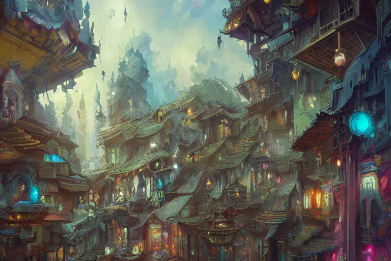 Image similar to multiversal otherworldly realm with streets and shops and lush garden and intricate luxurious homes, allegorical style, high detailed, octane render, serene, by peter mohrbacher, jeremy mann, francoise nielly, van gogh, ross tran, beautiful, award winning scenery