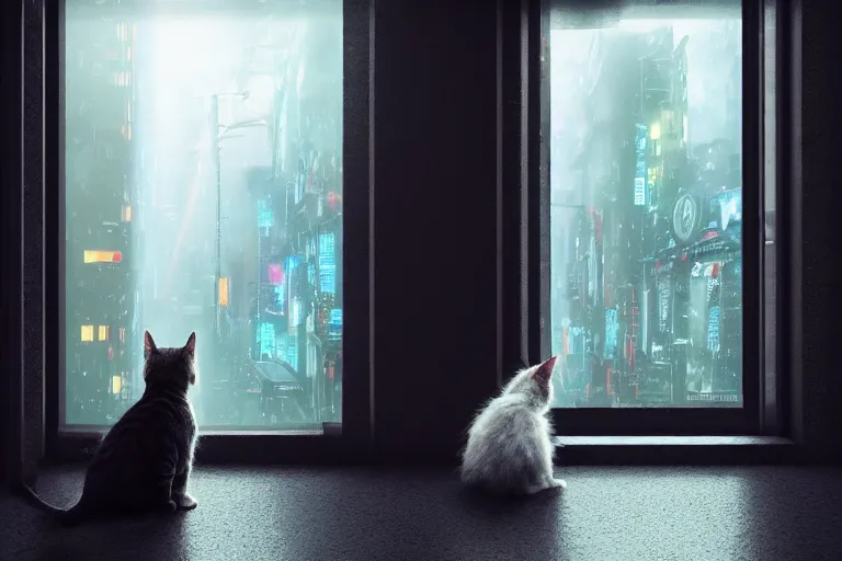 Image similar to Big european shorthair cat and small fluffy kitten from the back in the apartment room looking to window in a cyberpunk city, soft god rays from city lights outside the window, unreal engine 5, soft neon atmosphere, photorealistic, soothing colors, somber melancholic matte painting, hyperrealism, hyperrealistic, cinematic masterpiece, cyberpunk style 8k ultrahd octane render