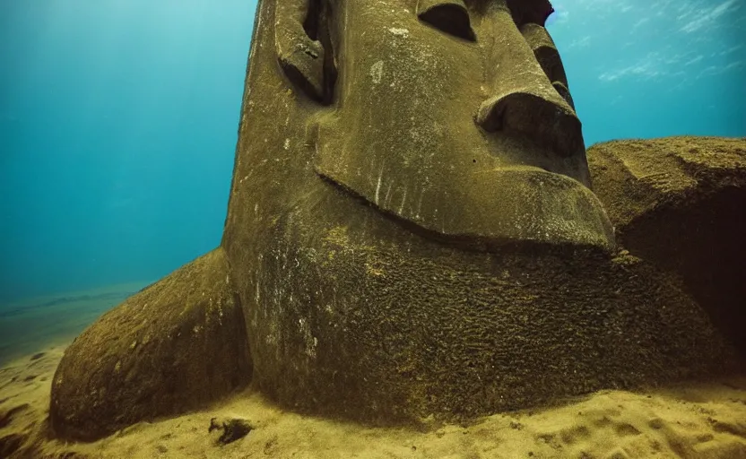 Prompt: easter island statue, underwater, sunken, photography